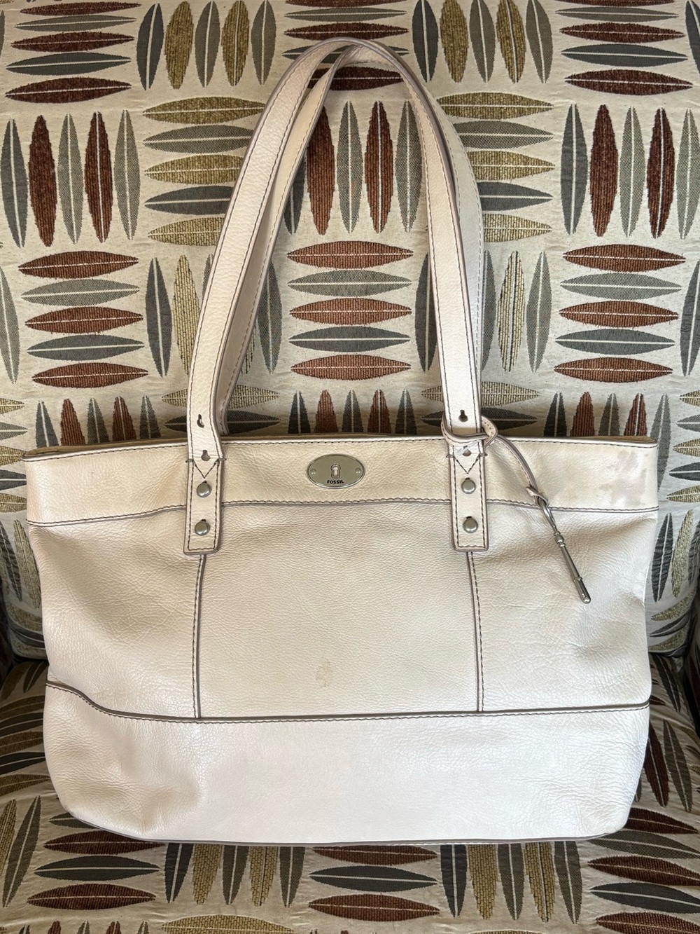 Fossil Off-White Leather Tote with Dual Shoulder Straps